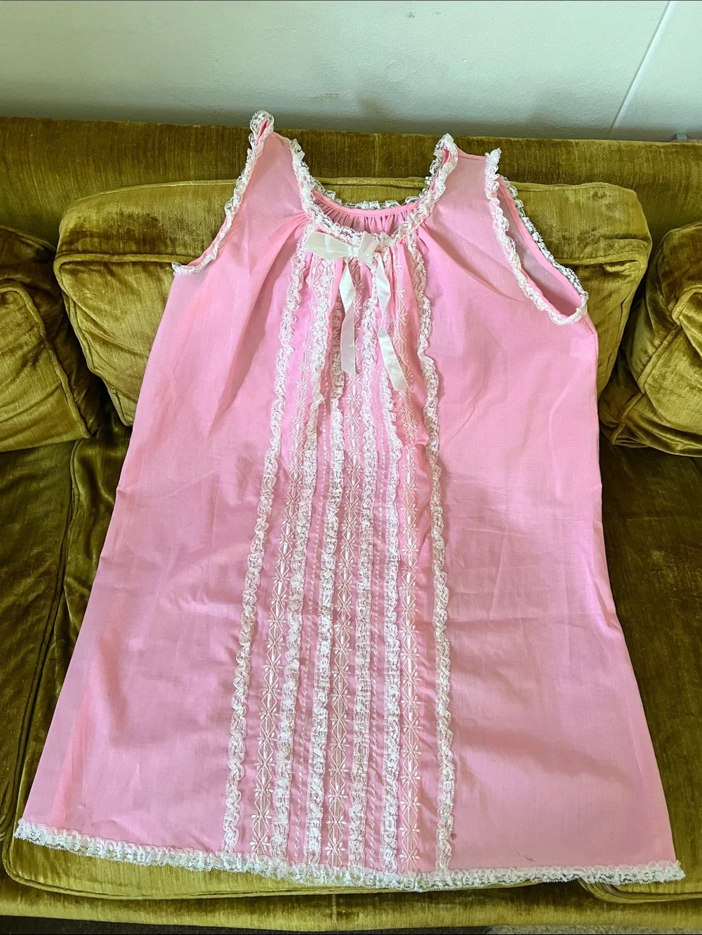 Vintage Pink Sleeveless Babydoll Nightgown with White Lace lingerie coquette - Picture 7 of 13